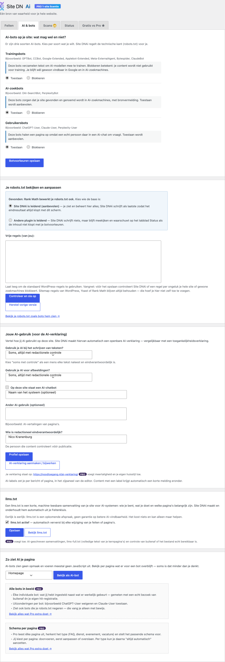 Het AI & bots-scherm van Site DNAi met botvoorkeuren per categorie