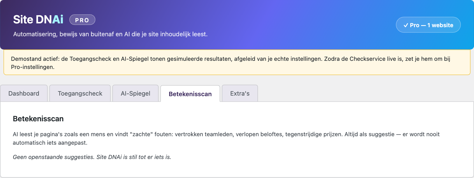 De Betekenisscan van Site DNAi Pro waarbij AI je teksten leest en zachte fouten vindt